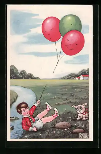 Künstler-AK Margret Boriss: Losgerissene Luftballons mit erleichterten Gesichtsausdrücken