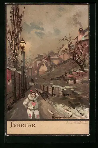 Künstler-AK Theodor Guggenberger: Februar - Clown in winterlicher Strasse