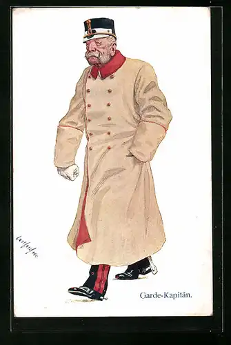Künstler-AK Carl Josef Pollak: Garde-Kapitän - Älterer Soldat im Mantel