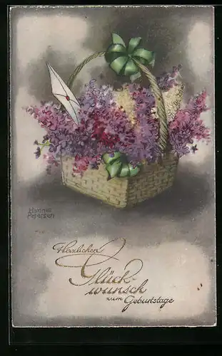 Künstler-AK Hannes Petersen: Geburtstagsgruss - Körbchen mit Flieder und versiegeltem Brief