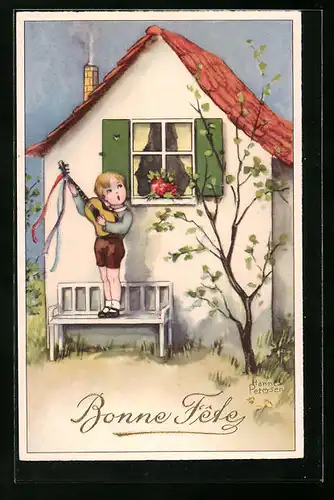 Künstler-AK Hannes Petersen: Bonne Fete - Kleiner Musikant vor dem Fenster eines Hauses