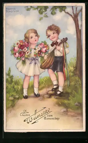 Künstler-AK Hannes Petersen: Zum Namenstage - Junge spielt Mädchen auf der Mandoline vor