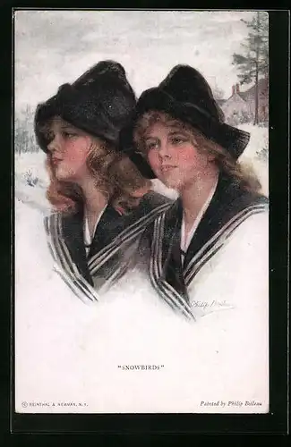 Künstler-AK Philip Boileau: Snowbirds - Zwei junge Mädchen im Schnee