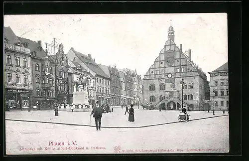 AK Plauen i. V., Altmarkt mit König Albert-Denkmal und Rathaus