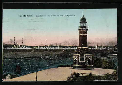 AK Kiel-Holtenau, Leuchtturm mit Blick auf den Kriegshafen