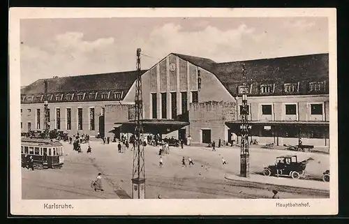 AK Karlsruhe, Hauptbahnhof mit Strassenbahn