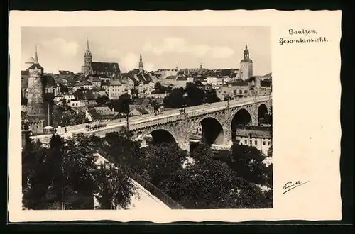 AK Bautzen, Gesamtansicht mit Brücke