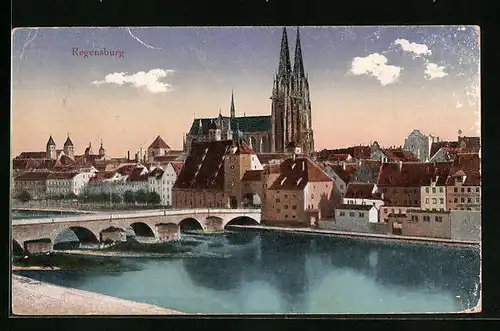 AK Regensburg, Flusspartie mit Kirche