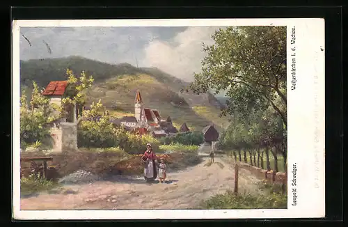 Künstler-AK Leopold Schweiger: Weissenkirchen i. d. Wachau, Totalansicht mit Kirche