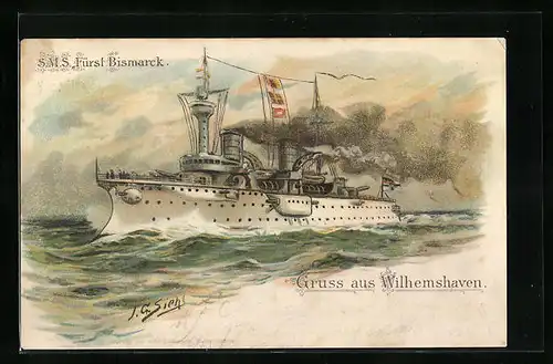 Künstler-AK Johann Georg Siehl-Freystett: Kriegsschiff S. M. S. Fürst Bismarck