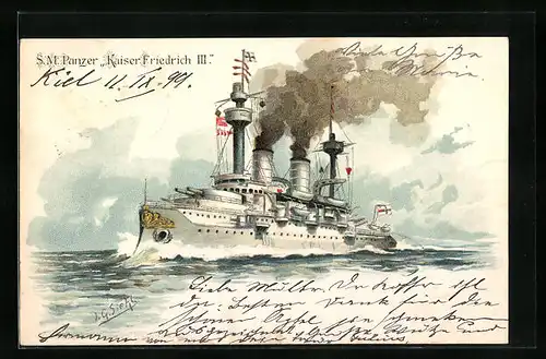 Künstler-AK Johann Georg Siehl-Freystett: Kriegsschiff S. M. Panzer Kaiser Friedrich III.