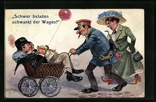 Künstler-AK Ernst Schlemo: Schwer beladen schwankt der Wagen, pol. Karikatur