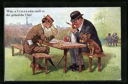 Künstler-AK Ernst Schlemo: Dünner und dicker Mann mit Hund im Biergarten