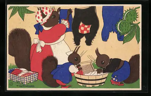 Künstler-AK Willy Schermele: Eichhörnchen beim Wäsche waschen