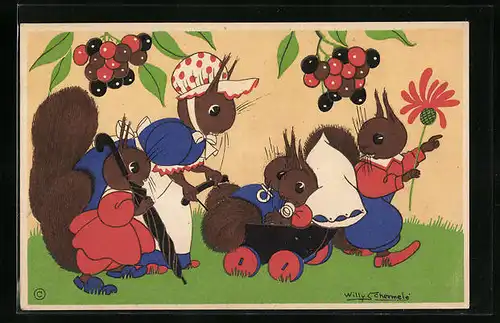 Künstler-AK Willy Schermele: Eichhörnchenfamilie beim Spaziergang mit Kinderwagen
