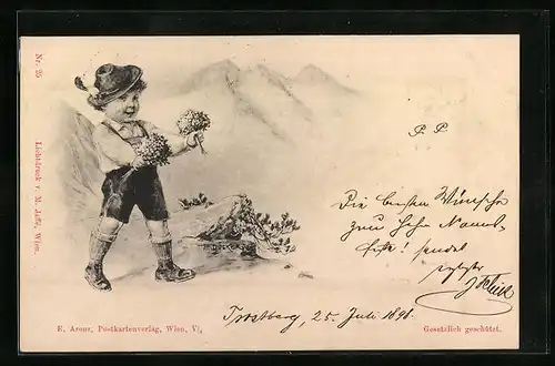 Künstler-AK E. Döcker: Junge in Tracht mit Blumen in den Händen