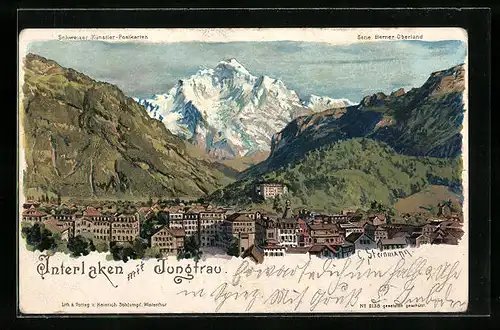 Künstler-Lithographie Interlaken, Ortsansicht mit Jungfrau