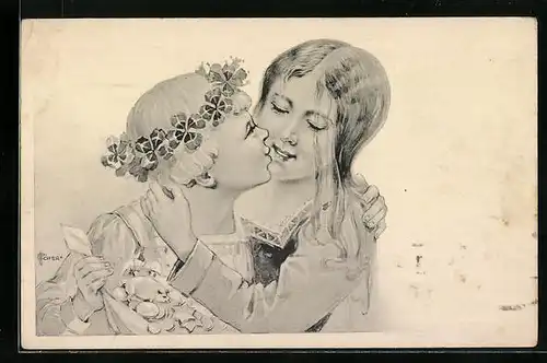 Künstler-AK sign. P. Höfer: Sich küssendes Pärchen mit Glückssymbolen