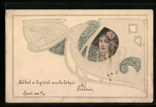 Künstler-AK M. Munk: Junge Frau mit Blütenschmuck, Jugendstil-Ornament
