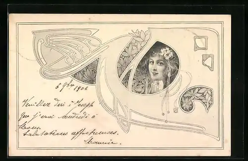 Künstler-AK M. Munk: Junge Frau, Jugendstil-Ornament