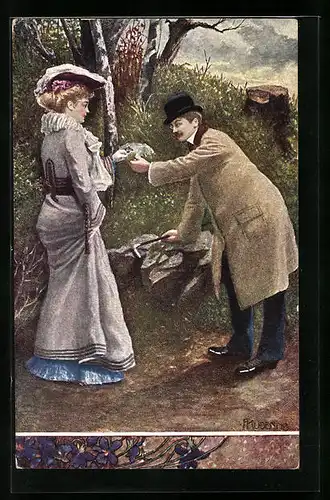 Künstler-AK Franz Kuderna: Edle Dame bekommt vom Schwarm Blumen geschenkt
