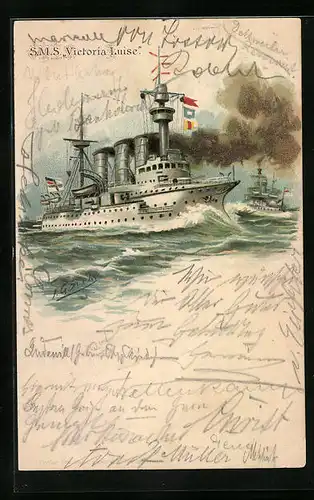 Künstler-AK Johann Georg Siehl-Freystett: Kriegsschiff SMS Victoria Luise in voller Fahrt