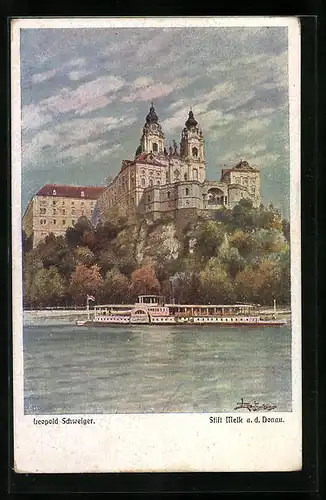 Künstler-AK Leopold Schweiger: Melk /Donau, Blick auf das Schloss, Dampfer