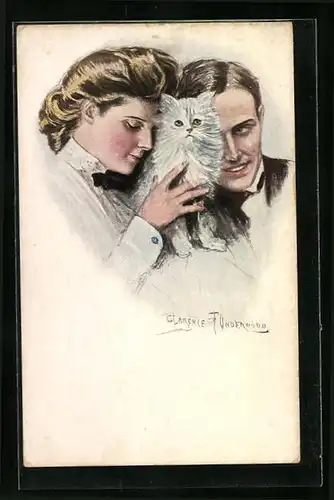 Künstler-AK Clarence F. Underwood: Liebespaar mit weisser Katze