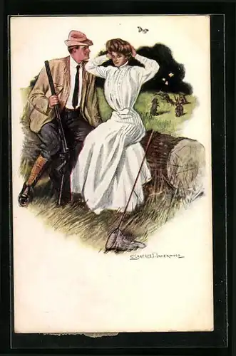 Künstler-AK Clarence F. Underwood: Jäger hat eine Frau auf Schmetterlingsjagd getroffen