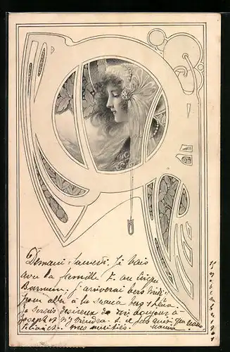 Künstler-AK M. Munk Nr.: Junge Schönheit im Profil, Jugendstil-Ornamentik
