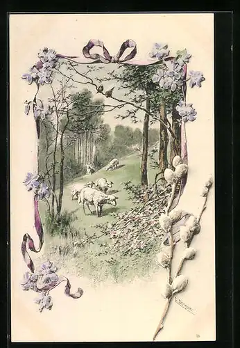 Künstler-AK E. Döcker: Schafe am Waldrand