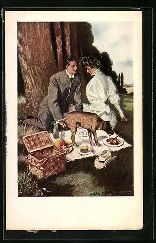 Künstler-AK Clarence F. Underwood: Hund unterbricht das Picknick