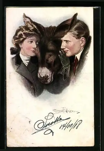 Künstler-AK Clarence F. Underwood: Paar kuschelt mit Esel