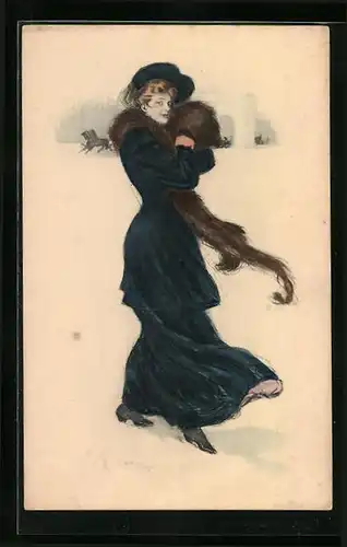 Künstler-AK Clarence F. Underwood: Dame kuschelt mit ihrem Pelz