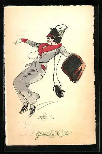Künstler-AK sign. Prejelan, M. Munk Nr. 676: Dame auf Schlittschuhen mit Muff