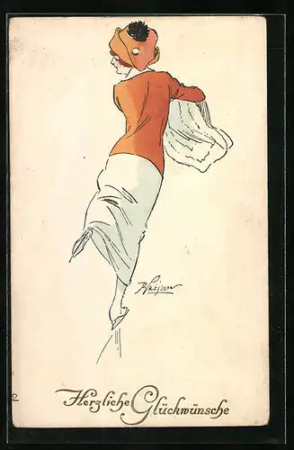 Künstler-AK sign. Prejelan, M. Munk Nr. : Dame in Orange mit Schlittschuhen