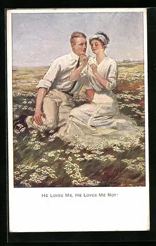 Künstler-AK Clarence F. Underwood: Liebespaar auf Wiese mit Blumenorakel