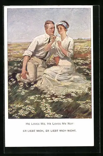 Künstler-AK Clarence F. Underwood: Liebespaar auf Wiese mit Blumenorakel