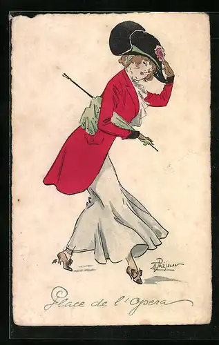 Künstler-AK sign. Prejelan, M. Munk Nr. 480: Dame mit Hut und Schirm