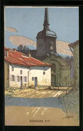 Künstler-AK Romagne, Strassenpartie mit Kirche