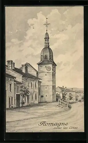 Künstler-AK Romagne, Ortspartie mit Kirche