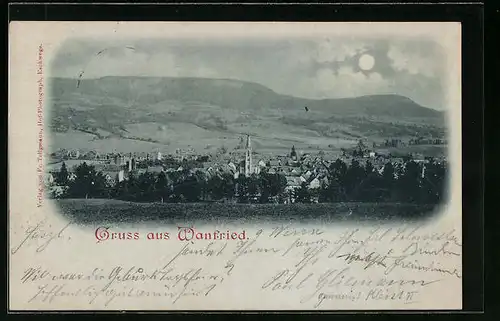 Mondschein-AK Wanfried, Panorama mit Kirche