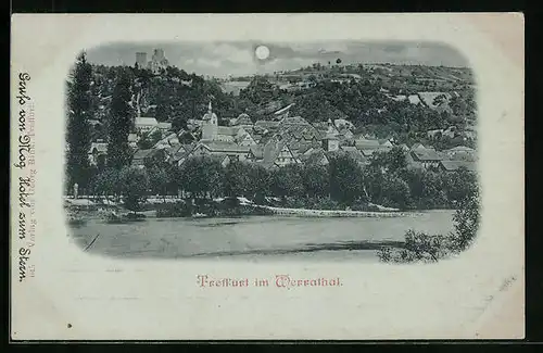 Mondschein-AK Treffurt /Werrathal, Ortspartie mit Burg