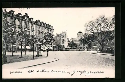 AK Bayreuth, Strasse und Wettersäule am Luitpoldplatz