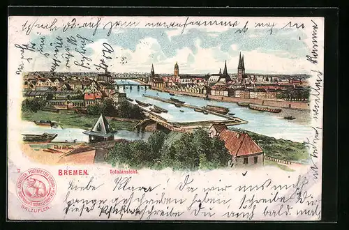 Lithographie Bremen, Totalansicht mit Kirchen