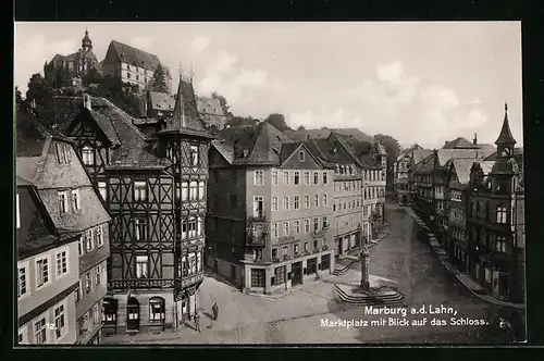 AK Marburg a. d. Lahn, Marktplatz mit Blick auf das Schloss aus der Vogelschau