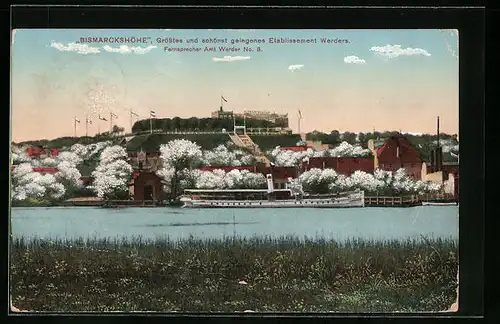 AK Werder /Havel, Gasthaus Bismarckshöhe hinter blühenden Obstbäumen