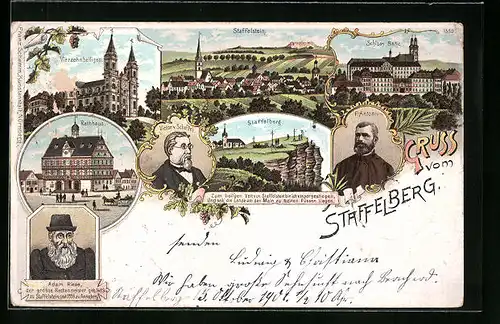 Lithographie Staffelberg, Ortsansicht Staffelstein, Schloss Banz, Rathhaus, Adam Riese