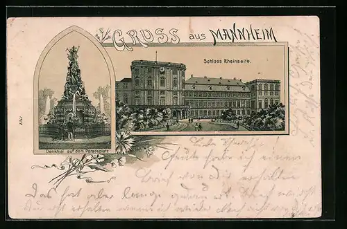 Lithographie Mannheim, Schloss Rheinseite, Denkmal auf dem Paradeplatz