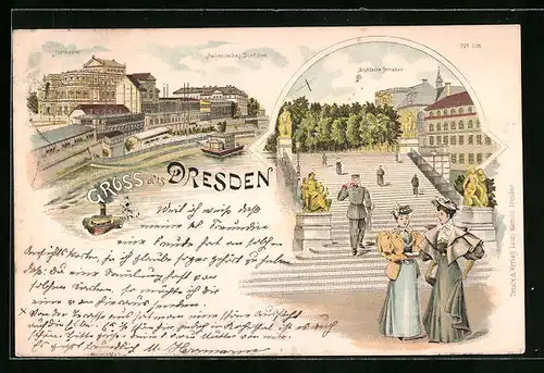 Lithographie Dresden, Hoftheater, Brühlsche Terrasse, Damen und Soldat
